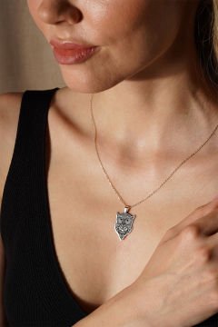 Baykuş Model Siyah Mineli Gümüş Kolye Gümüş Rengi