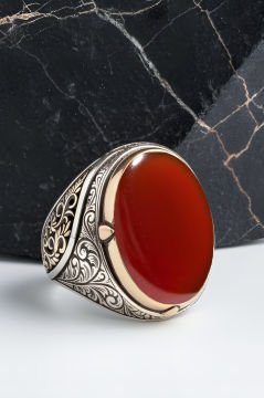 Akik Taşlı Büyük Boy Gravür Sarmaşık Model Yüzük