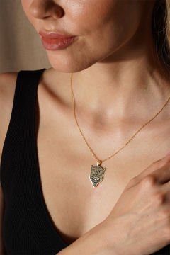 Baykuş Model Siyah Mineli Gümüş Kolye Altın Rengi