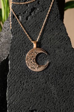 Desenli Hilal Model Siyah Mineli Gümüş Kolye Rose Rengi