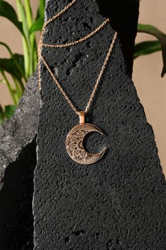 Desenli Hilal Model Siyah Mineli Gümüş Kolye Rose Rengi