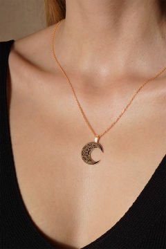 Desenli Hilal Model Siyah Mineli Gümüş Kolye Rose Rengi