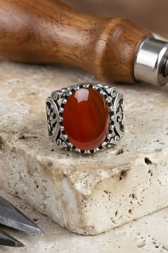 Selçuklu Sarmaşığı Model El İşi Akik Taşlı Gümüş Yüzük