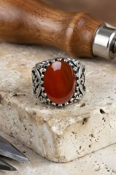 Selçuklu Sarmaşığı Model El İşi Akik Taşlı Gümüş Yüzük