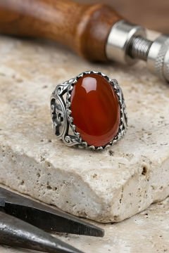 Selçuklu Sarmaşığı Model El İşi Akik Taşlı Gümüş Yüzük