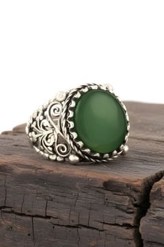 Yeşil Akik Taşlı El İşi Hayat Ağacı Gümüş Yüzük