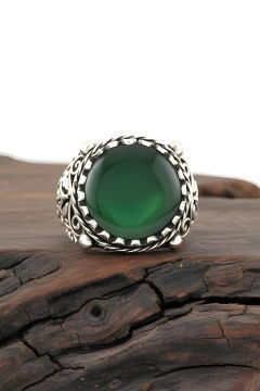 Yeşil Akik Taşlı El İşi Hayat Ağacı Gümüş Yüzük