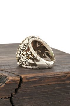 Yeşil Akik Taşlı El İşi Hayat Ağacı Gümüş Yüzük