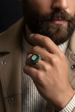 Yeşil Akik Taşlı El İşi Hayat Ağacı Gümüş Yüzük