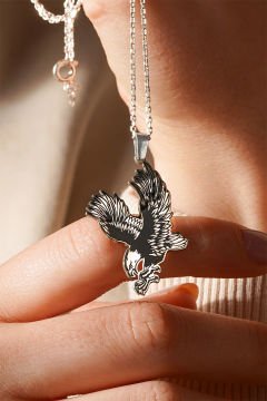 Kartal Model Siyah Mineli Gümüş Kolye Gümüş Rengi