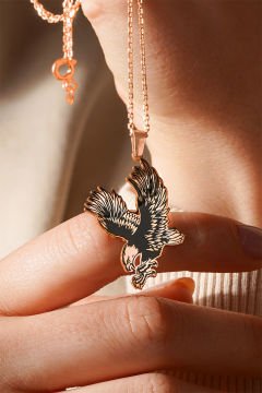 Kartal Model Siyah Mineli Gümüş Kolye Rose Rengi