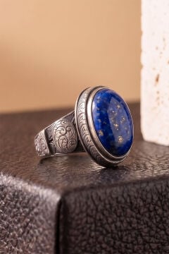Oval Lapis Lazuli Taşlı Kalem İşçiliği Detaylı El İşçiliği Gümüş Yüzük