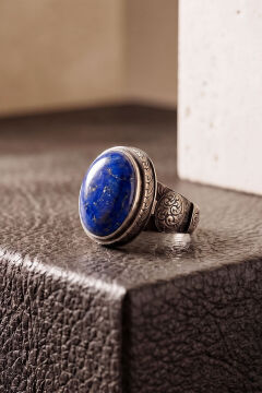 Oval Lapis Lazuli Taşlı Kalem İşçiliği Detaylı El İşçiliği Gümüş Yüzük