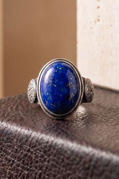 Oval Lapis Lazuli Taşlı Kalem İşçiliği Detaylı El İşçiliği Gümüş Yüzük