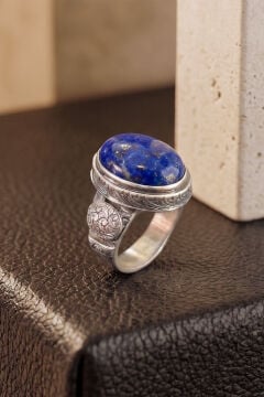 Oval Lapis Lazuli Taşlı Kalem İşçiliği Detaylı El İşçiliği Gümüş Yüzük