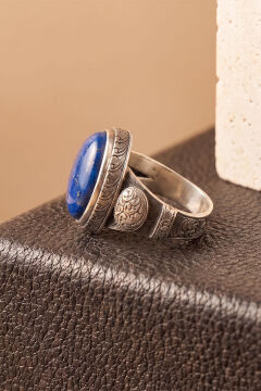 Oval Lapis Lazuli Taşlı Kalem İşçiliği Detaylı El İşçiliği Gümüş Yüzük
