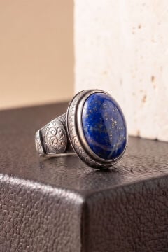 Oval Lapis Lazuli Taşlı Kalem İşçiliği Detaylı El İşçiliği Gümüş Yüzük