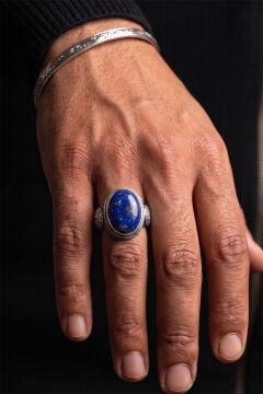 Oval Lapis Lazuli Taşlı Kalem İşçiliği Detaylı El İşçiliği Gümüş Yüzük