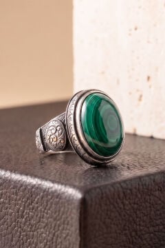 Oval Malakit Taşlı Kalem İşçiliği Detaylı El İşçiliği Gümüş Yüzük