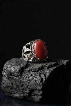 Mercan Taşlı Zambak Model El İşçiliği Erkek Gümüş Yüzük