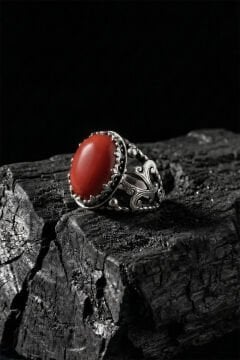 Mercan Taşlı Zambak Model El İşçiliği Erkek Gümüş Yüzük