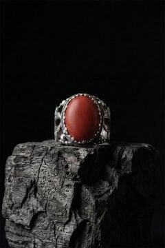 Mercan Taşlı Zambak Model El İşçiliği Erkek Gümüş Yüzük