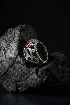 Mercan Taşlı Zambak Model El İşçiliği Erkek Gümüş Yüzük