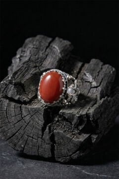 Mercan Taşlı Zambak Model El İşçiliği Erkek Gümüş Yüzük