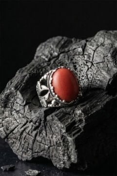 Mercan Taşlı Zambak Model El İşçiliği Erkek Gümüş Yüzük