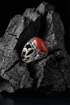 Mercan Taşlı Zambak Model El İşçiliği Erkek Gümüş Yüzük