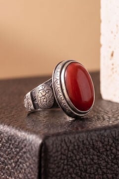 Oval Mercan Taşlı Kalem İşçiliği Detaylı El İşçiliği Gümüş Yüzük