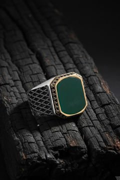 Yeşil Akik Taşlı Gümüş Erkek Yüzük