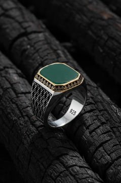 Yeşil Akik Taşlı Gümüş Erkek Yüzük
