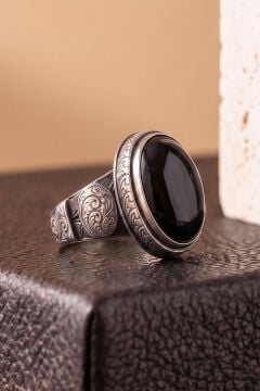 Oval Oniks Taşlı Kalem İşçiliği Detaylı El İşçiliği Gümüş Yüzük