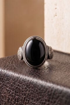 Oval Oniks Taşlı Kalem İşçiliği Detaylı El İşçiliği Gümüş Yüzük