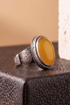 Oval Sarı Akik Taşlı Kalem İşçiliği Detaylı El İşçiliği Gümüş Yüzük