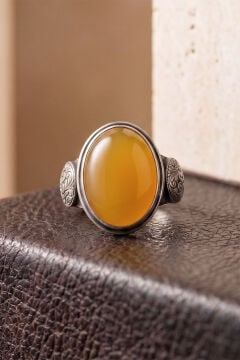 Oval Sarı Akik Taşlı Kalem İşçiliği Detaylı El İşçiliği Gümüş Yüzük