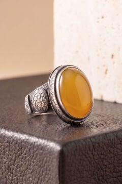 Oval Sarı Akik Taşlı Kalem İşçiliği Detaylı El İşçiliği Gümüş Yüzük