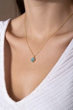 Akuamarin Taşlı Minimal Gümüş Kadın Kolye Altın Rengi