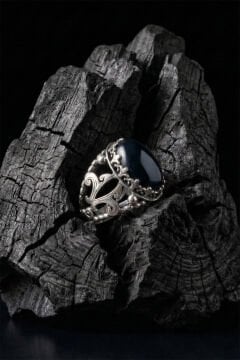 Oniks Taşlı Zambak Model El İşçiliği Erkek Gümüş Yüzük