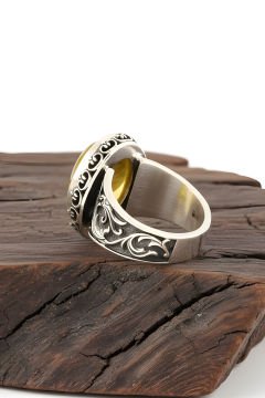 Sarı Akik Taşlı El İşi Gümüş Yüzük