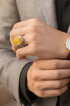 Sarı Akik Taşlı El İşi Gümüş Yüzük