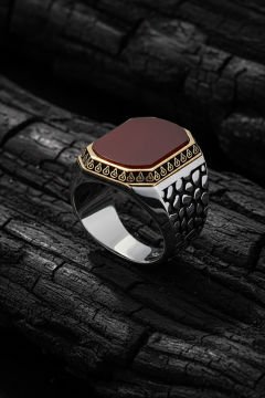 Benekli Model Akik Taşlı Gümüş Erkek Yüzük