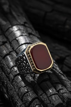 Benekli Model Akik Taşlı Gümüş Erkek Yüzük