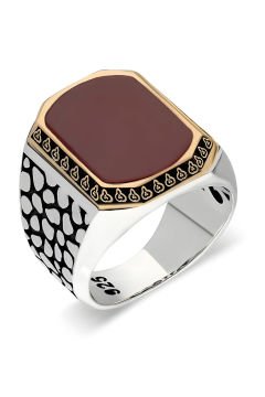 Benekli Model Akik Taşlı Gümüş Erkek Yüzük