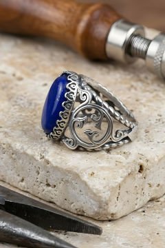 Selçuklu Sarmaşığı Model El İşi Lapis Lazuli Taşlı Gümüş Yüzük