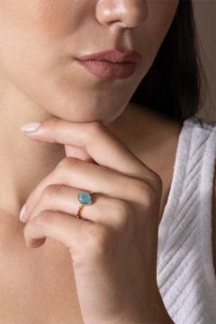 Akuamarin Taşlı Minimal Gümüş Ayarlanabilir Kadın Yüzük Altın Rengi - 19