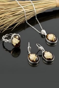 Damla Kehribar İçine Gül Oyma El İşi Gümüş Üçlü Set