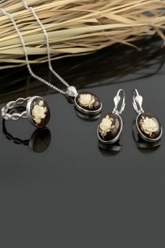 Damla Kehribar İçine Gül Oyma El İşi Gümüş Üçlü Set