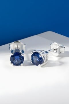 Safir Renk Zirkon Taşlı Tek Taş Model Küpe